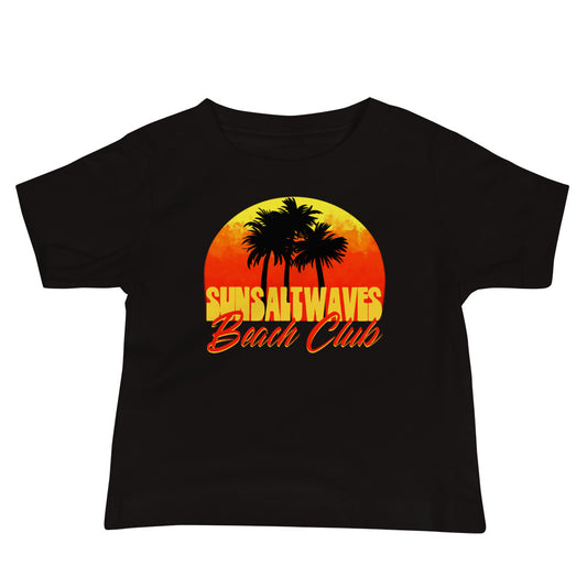 Beach Club Baby Tee from Sun Salt Waves, Palm Trees and a Sunset Infant Baby Toddler Short Sleeve Black T-Shirt Boys Girls Unisex