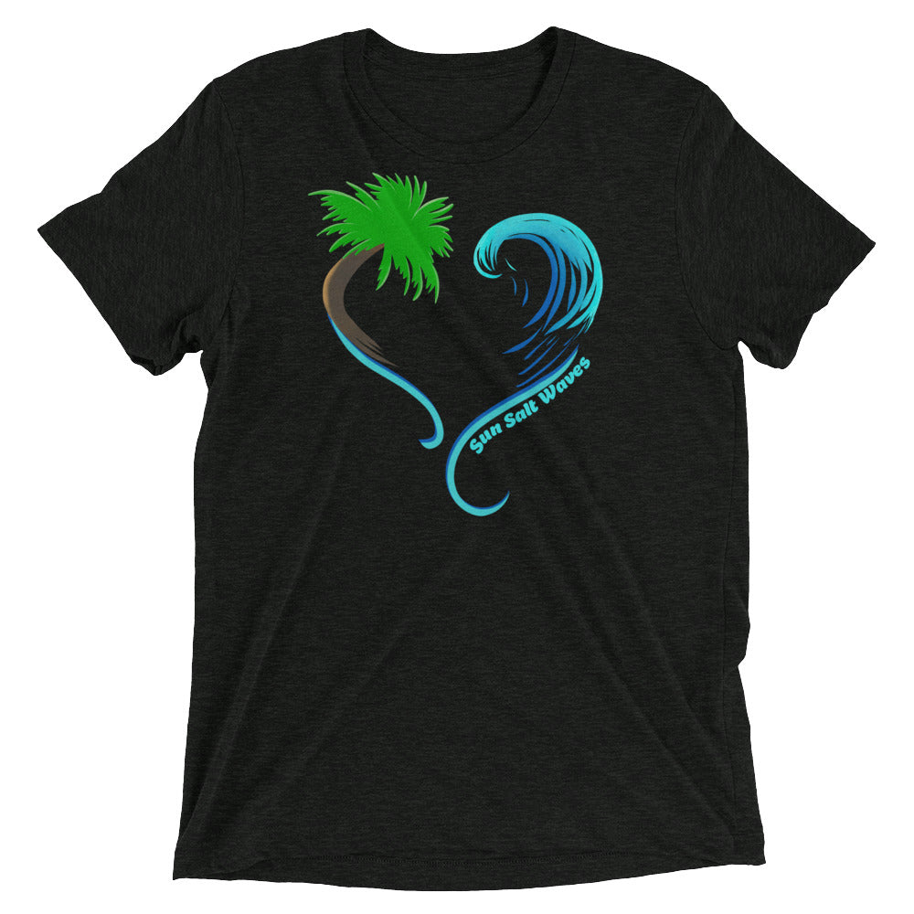 Rising Tides Tee Graphic Heart Shaped Palm and Multicolor Wave Unisex Sun Salt Waves Charcoal Heather