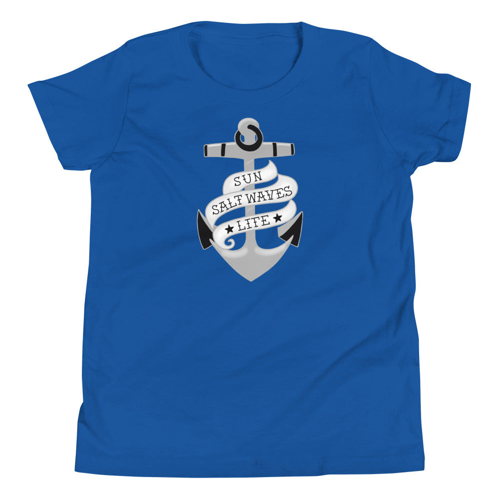 Sink or Swim Youth Tee from Sun Salt Waves vintage style, nautical anchor with a banner that reads Sun Salt Waves Life