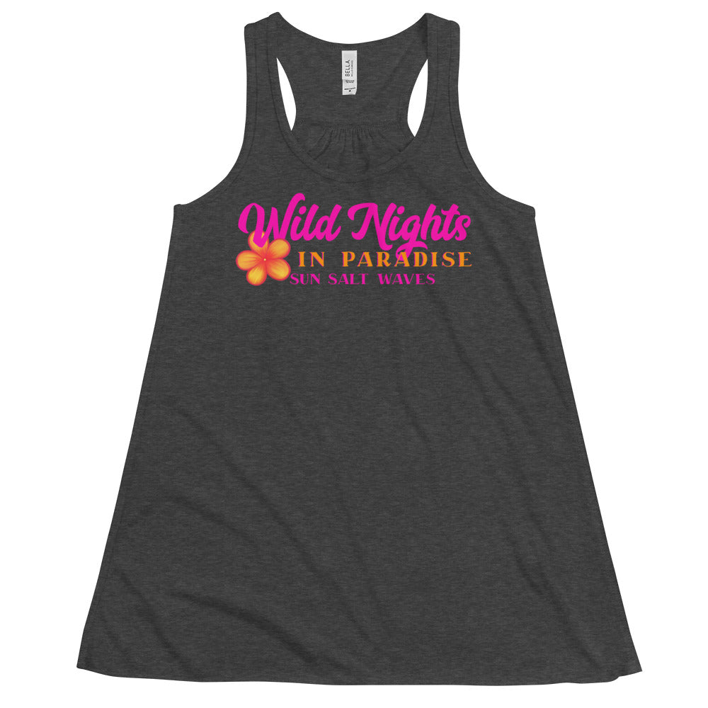 Wild Nights in Paradise Flowy Racerback Tank from Sun Salt Waves Colorful Typography and Plumeria Dark Heather Gray