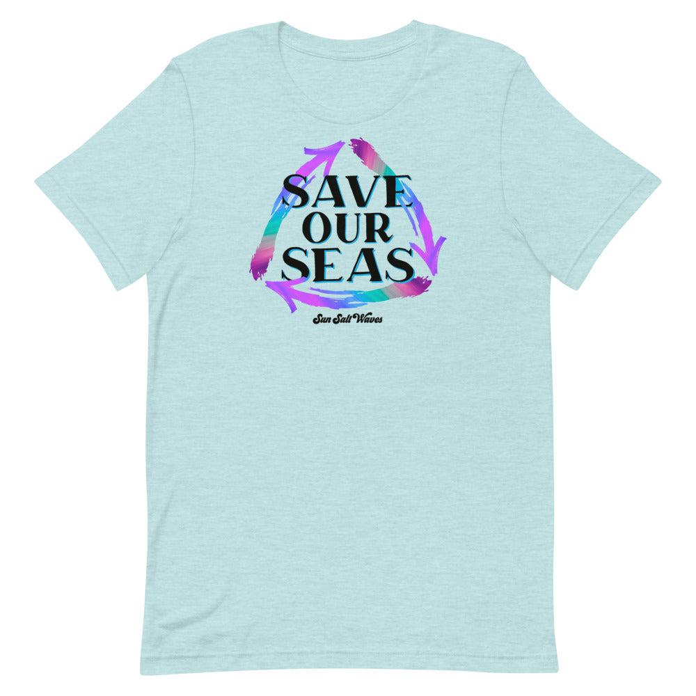 Save our Seas Tee from Sun Salt Waves Colorful Recycle Arrows Heather Prism Blue