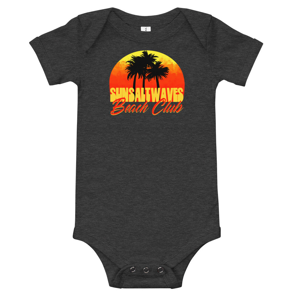 Dark Heather Grey Beach Club Infant Baby Toddler Onesie Short Sleeve 100% Cotton Sunset and Palm Trees Sun Salt Waves