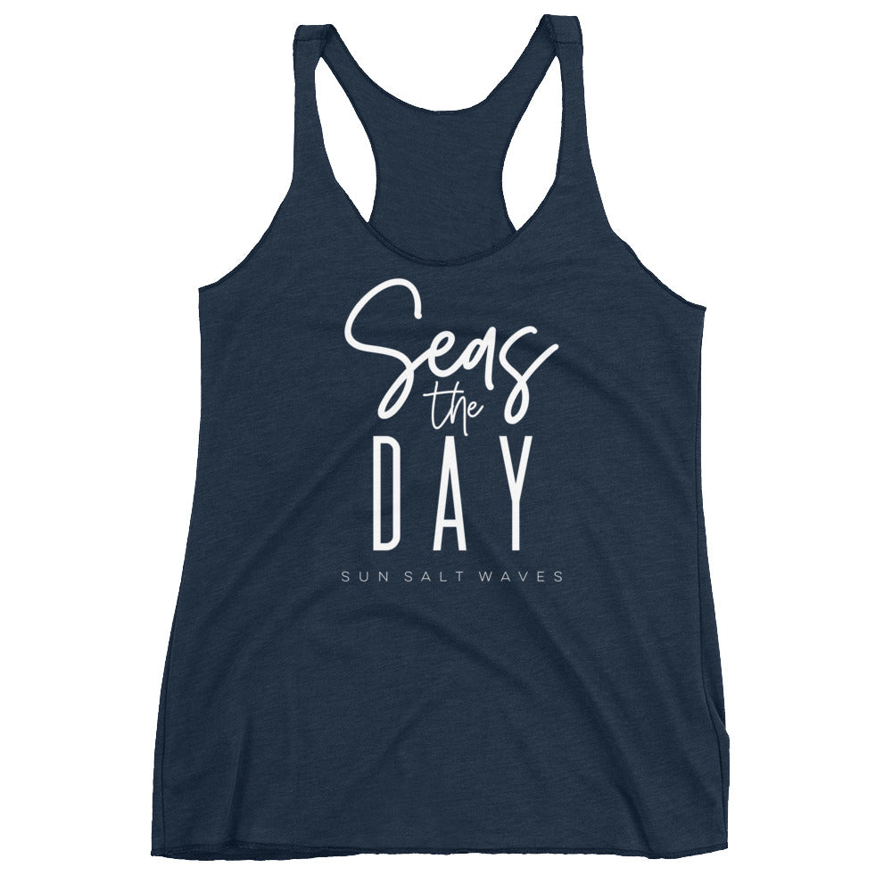 Seas the Day Racerback Tank Graphic Tank Seize the Day Women‘S Junior’s Sun Salt Waves Vintage Navy