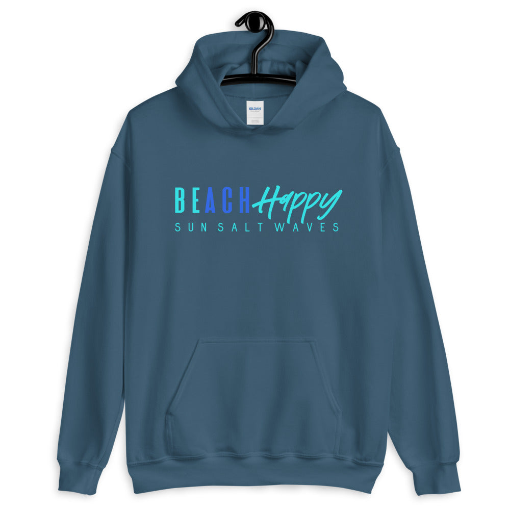 Sun Salt Waves Be Happy Hoodie Unisex Indigo Blue Women’s Men’s Graphic Beach Happy