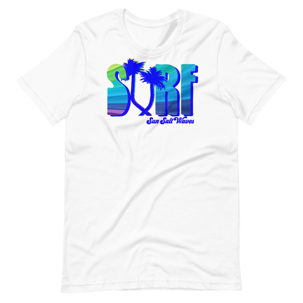 Surf Life Tee from Sun Salt Waves Colorful Typography with Palm Tree Silhouettes White