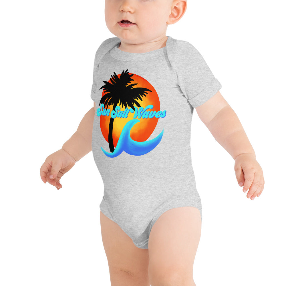 Sun Salt Waves Logo Onesie Sun Palm and Wave Baby Model in Heather Gray