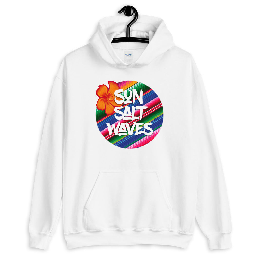 Sun Salt Waves Serape White Hoodie Unisex Men's Women's Graphic Orange Hibiscus, Sun Salt Waves and Serape Circle