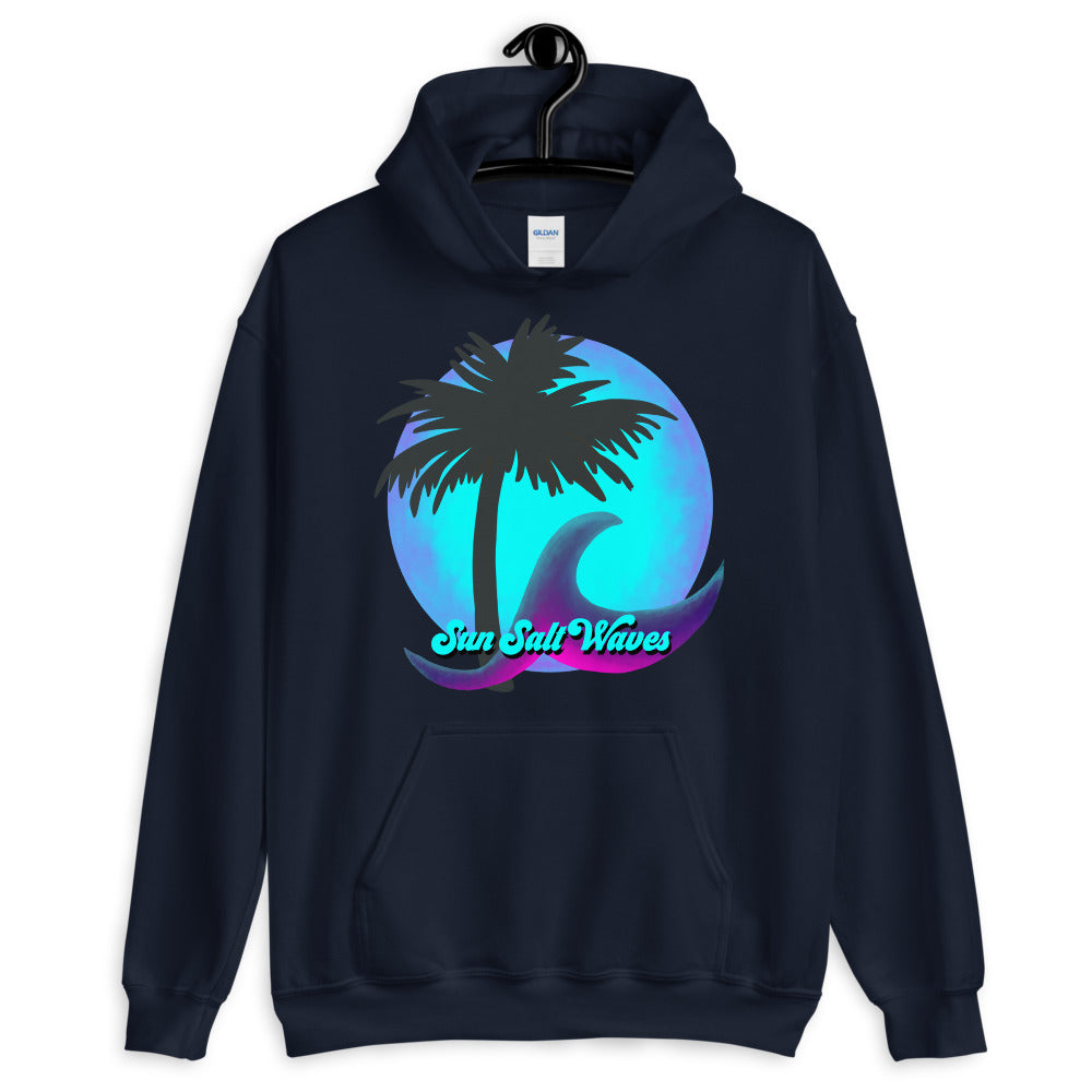 Sun Salt Waves Night Moon Navy Hoodie Unisex Men’s Women’s Graphic Moon Multi Color Wave and Palm Silhouette