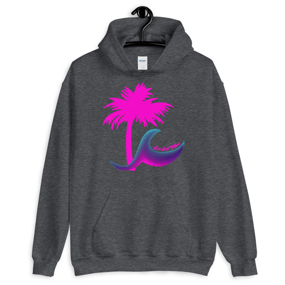 Paradise Sun Salt Waves Palm Heather Dark Grey Hoodie Unisex Men’s Women’s Graphic Multi Color Wave and Hot Pink Palm Silhouette