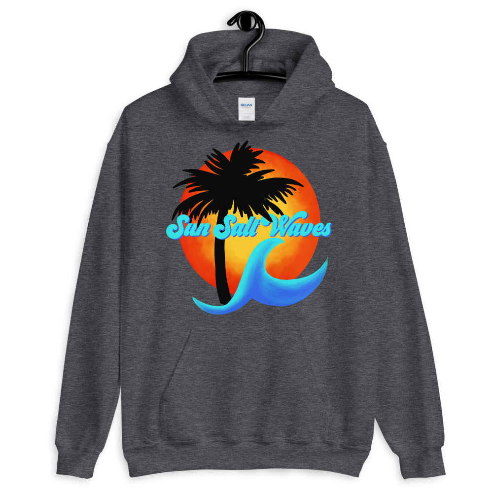 Sun Salt Waves Hoodie Unisex Graphic Local with Multi Color Wave and Sun and Palm Silhouette