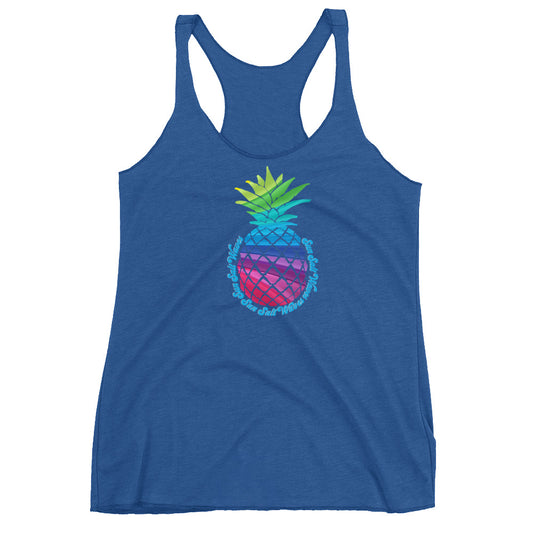Bay Breeze Racerback Tank Colorful Pineapple Sun Salt Waves Women’s Juniors Athleisure Royal Blue
