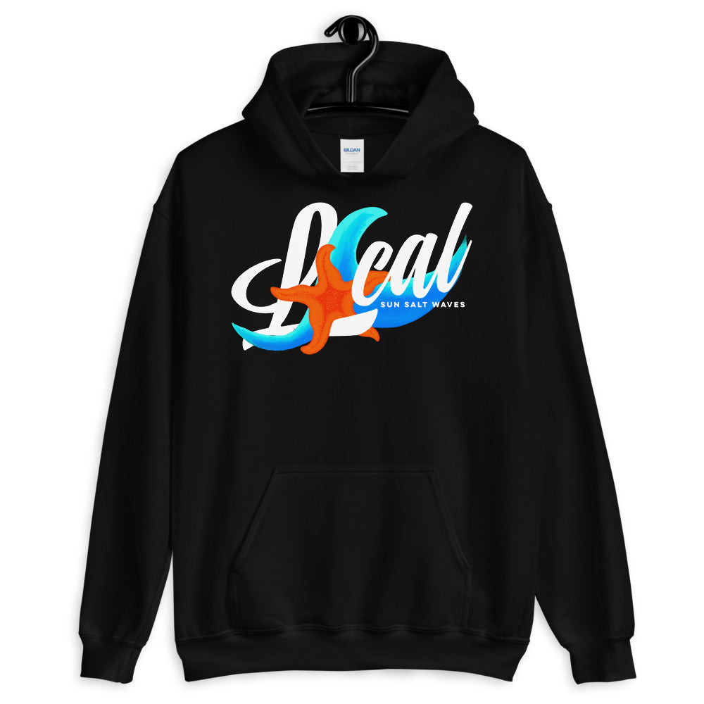 Sun Salt Waves Sea Life ‘Local’ Black Hoodie Unisex Men’s Women’s Graphic Starfish and Multi Color Wave in Local Print