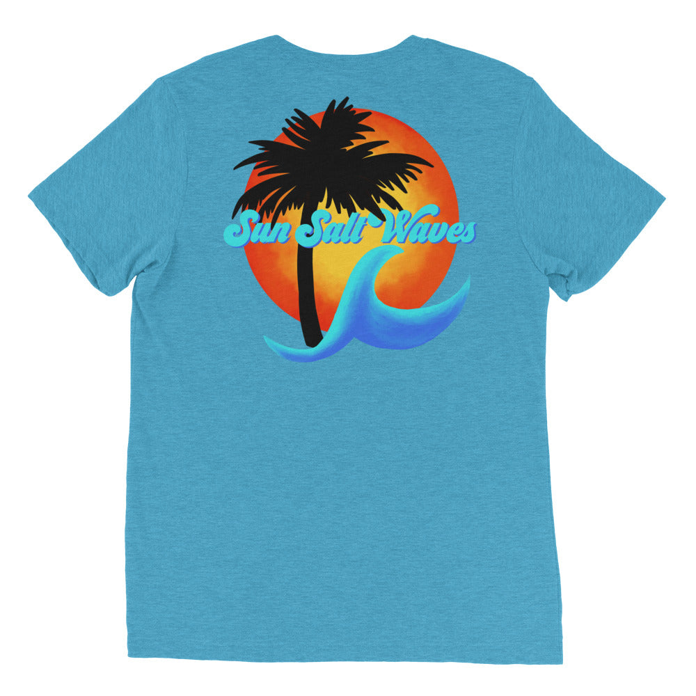 Sun Salt Waves Hibiscus Tee Unisex Graphic Tee Sun Salt Waves Orange Hibiscus, Palm Silhouette, Multicolor Sun and Wave Front and Back Print Men’s Women’s Turquoise 