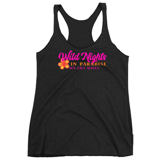 Wild Nights in Paradise Racerback Tank from Sun Salt Waves Colorful Plumeria and Typography Black