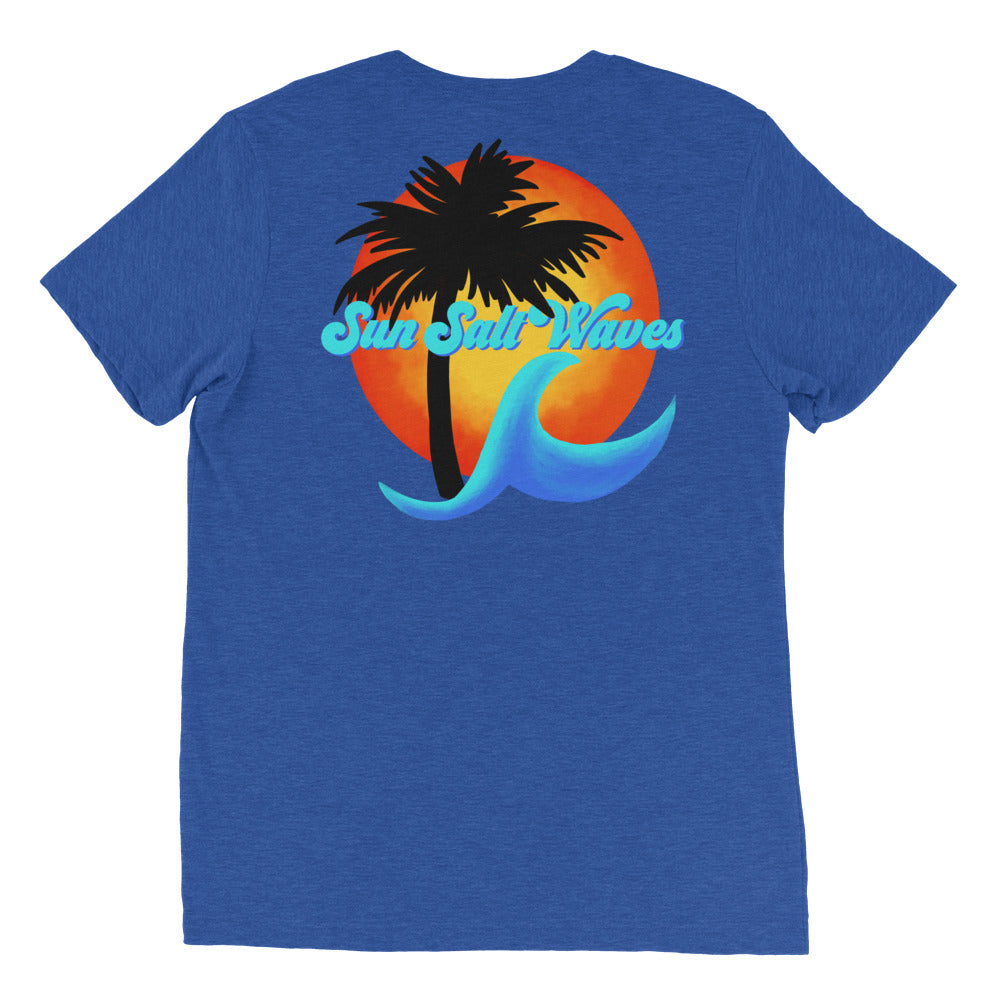 Sun Salt Waves Hibiscus Tee Unisex Graphic Tee Sun Salt Waves Orange Hibiscus, Palm Silhouette, Multicolor Sun and Wave Front and Back Print Men’s Women’s Royal Blue 