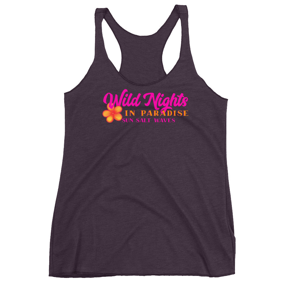 Wild Nights in Paradise Racerback Tank from Sun Salt Waves Colorful Plumeria and Typography Vintage Plum