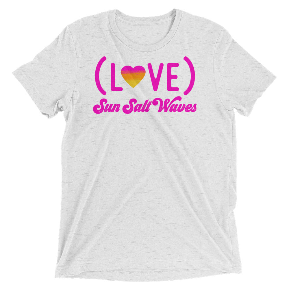 Love Life Tee Unisex Graphic Love With Heart in Sunset Colors Sun Salt Waves Men’s Women’s Heather White