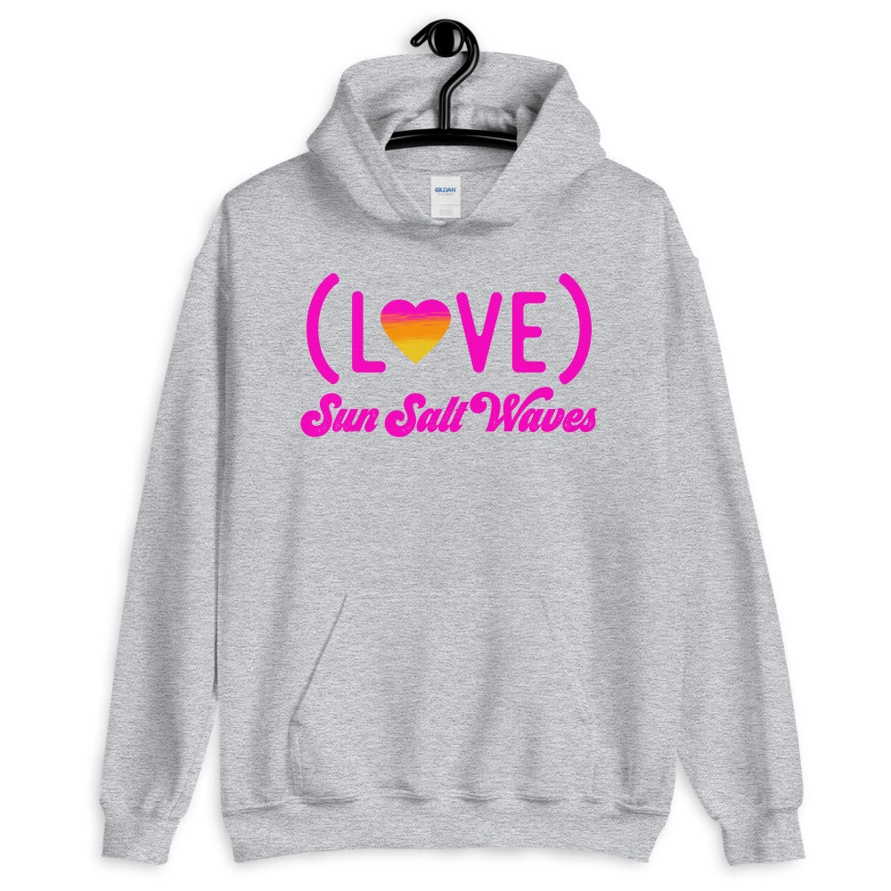 Sun Salt Waves Love Life White Hoodie Unisex Men’s Women’s Graphic Love With Heart in Sunset Colors Heather Gray 