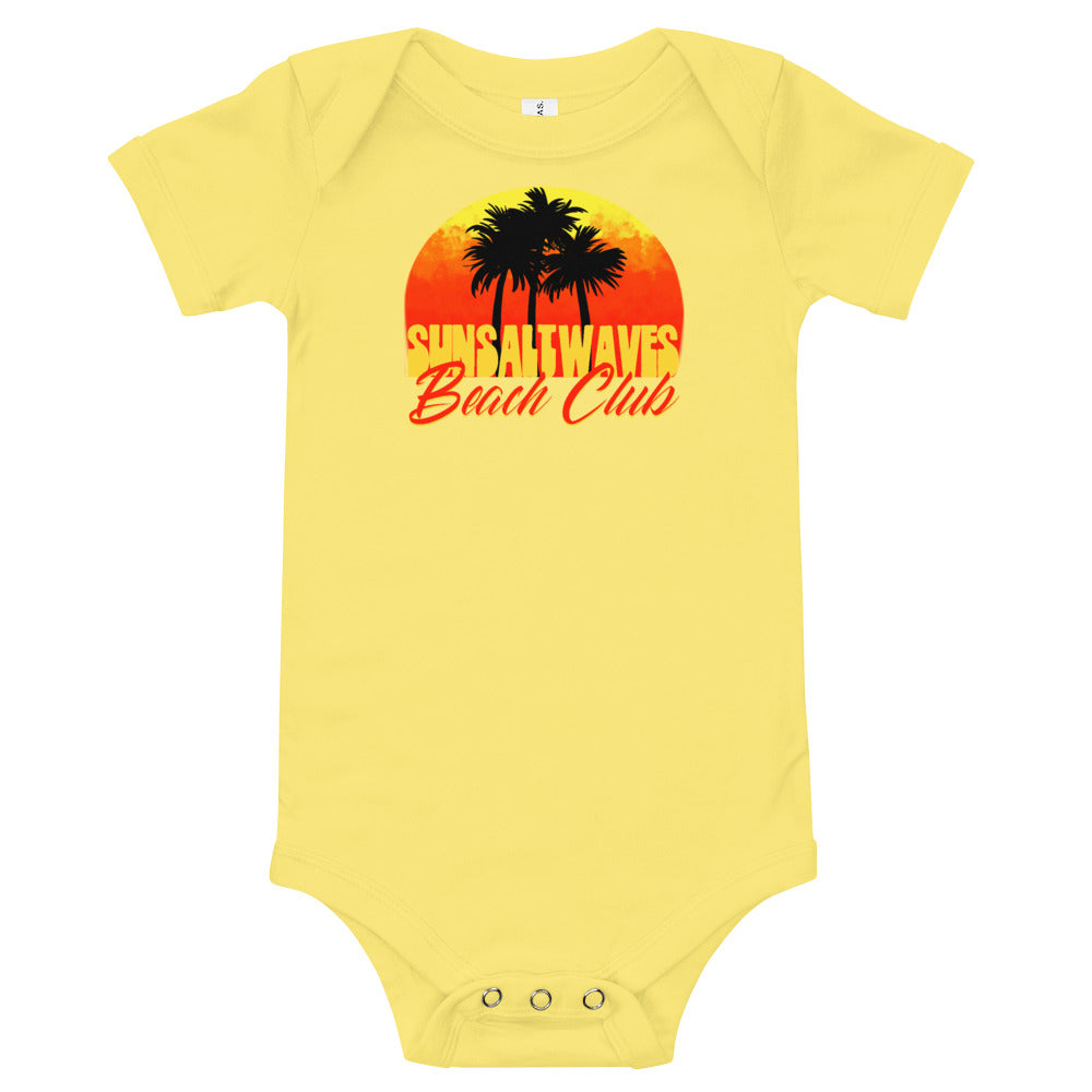 Beach Club Infant Baby Toddler Onesie Short Sleeve Yellow 100% Cotton Sunset and Palm Trees by Sun Salt Waves