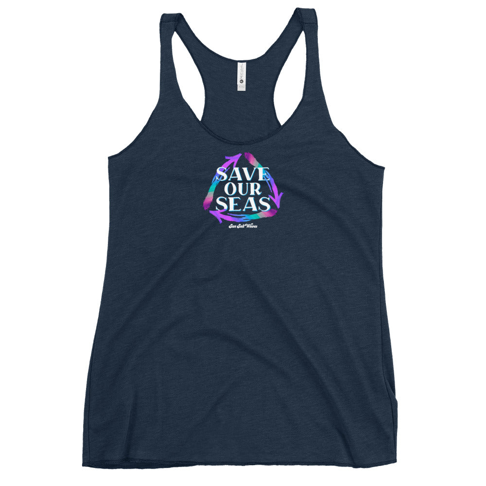 Save Our Seas Racerback Tank from Sun Salt Waves Colorful Recycle Arrows Navy
