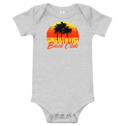 Beach Club Infant Baby Toddler Onesie Short Sleeve Athletic Heather Grey 100% Cotton Sunset and Palm Trees Sun Salt Waves