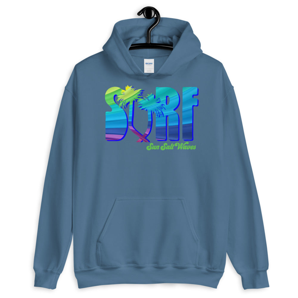 Surf Life Hoodie from Sun Salt Waves Colorful Typography and Palms Indigo Blue