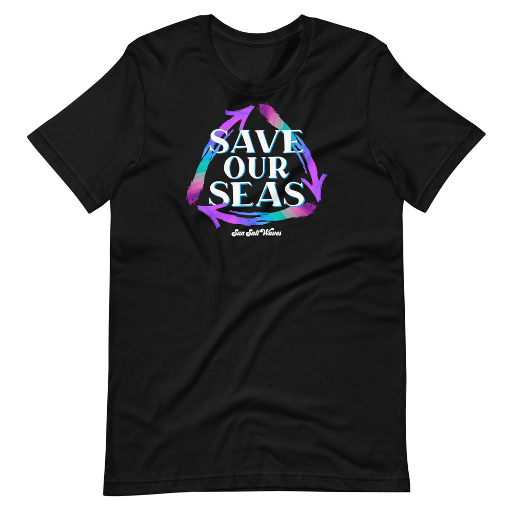 Save our Seas Tee from Sun Salt Waves Colorful Recycle Arrows Black