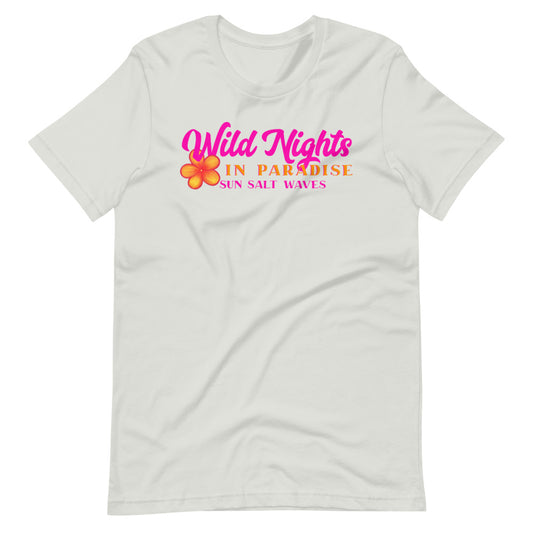 Wild Nights in Paradise Tee from Sun Salt Waves Typography in Bright Pink and Orange with Plumeria Silver