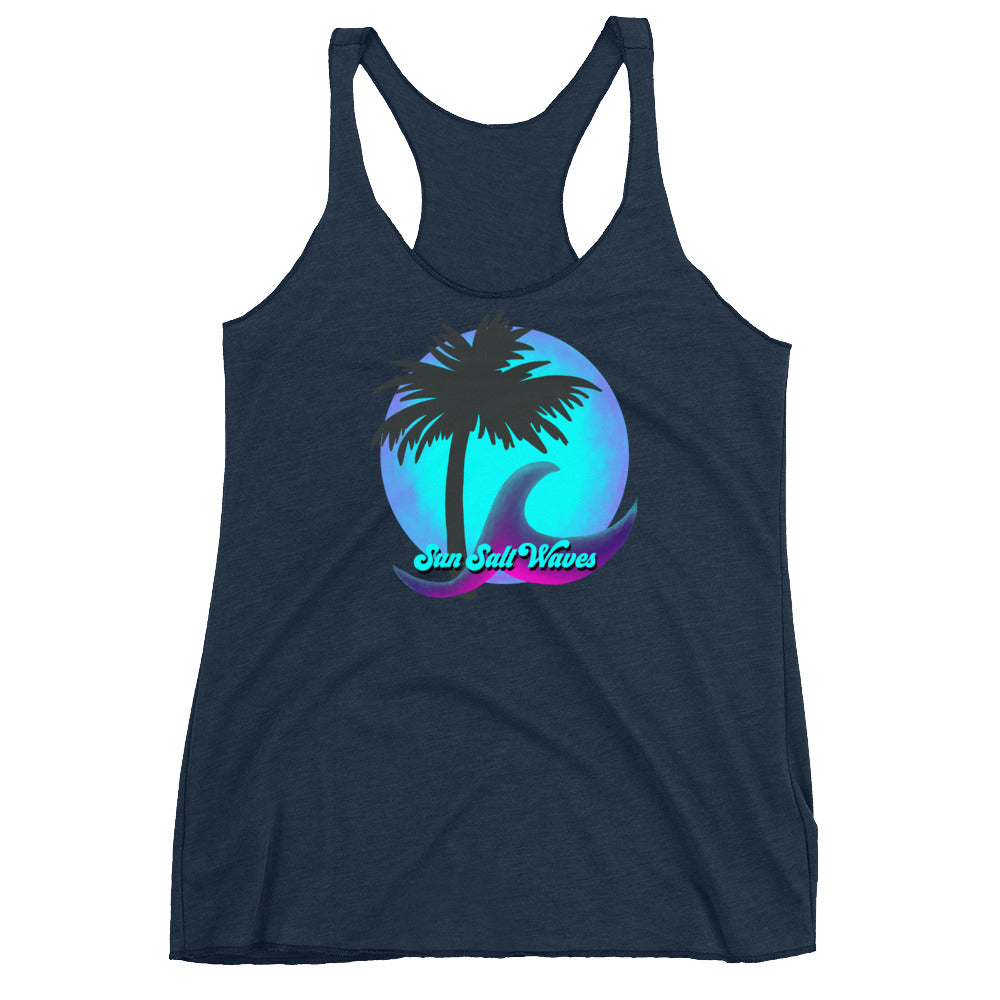 Night Moon Racerback Tank Palm Silhouette and Wave Women Junior Navy