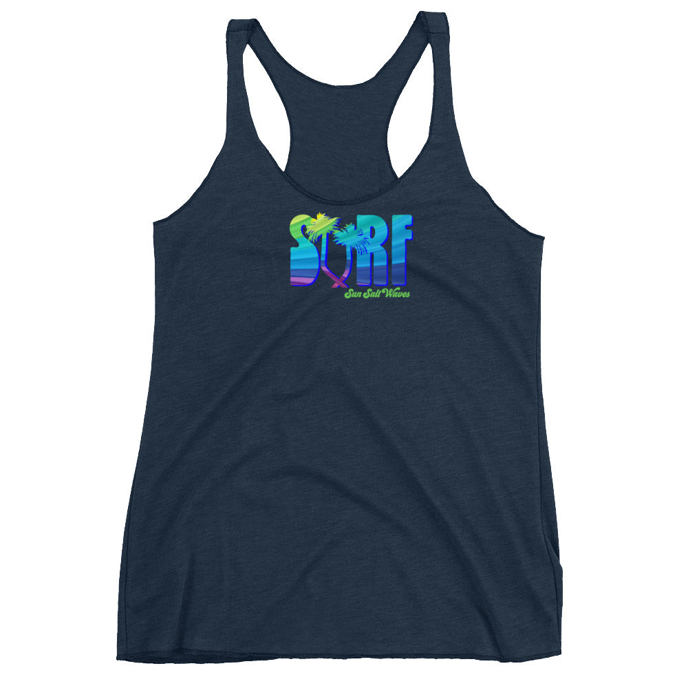 Surf Life Racerback Tank from Sun Salt Waves Colorful Typography and Palm Silhouettes Heather Navy