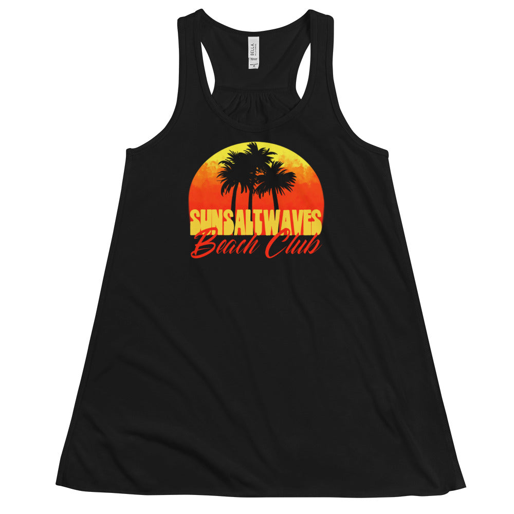 Beach Club Flowy Racerback Tank Sunset Palms Graphic Tank Women’s Junior’s Sun Salt Waves Black Athleisure
