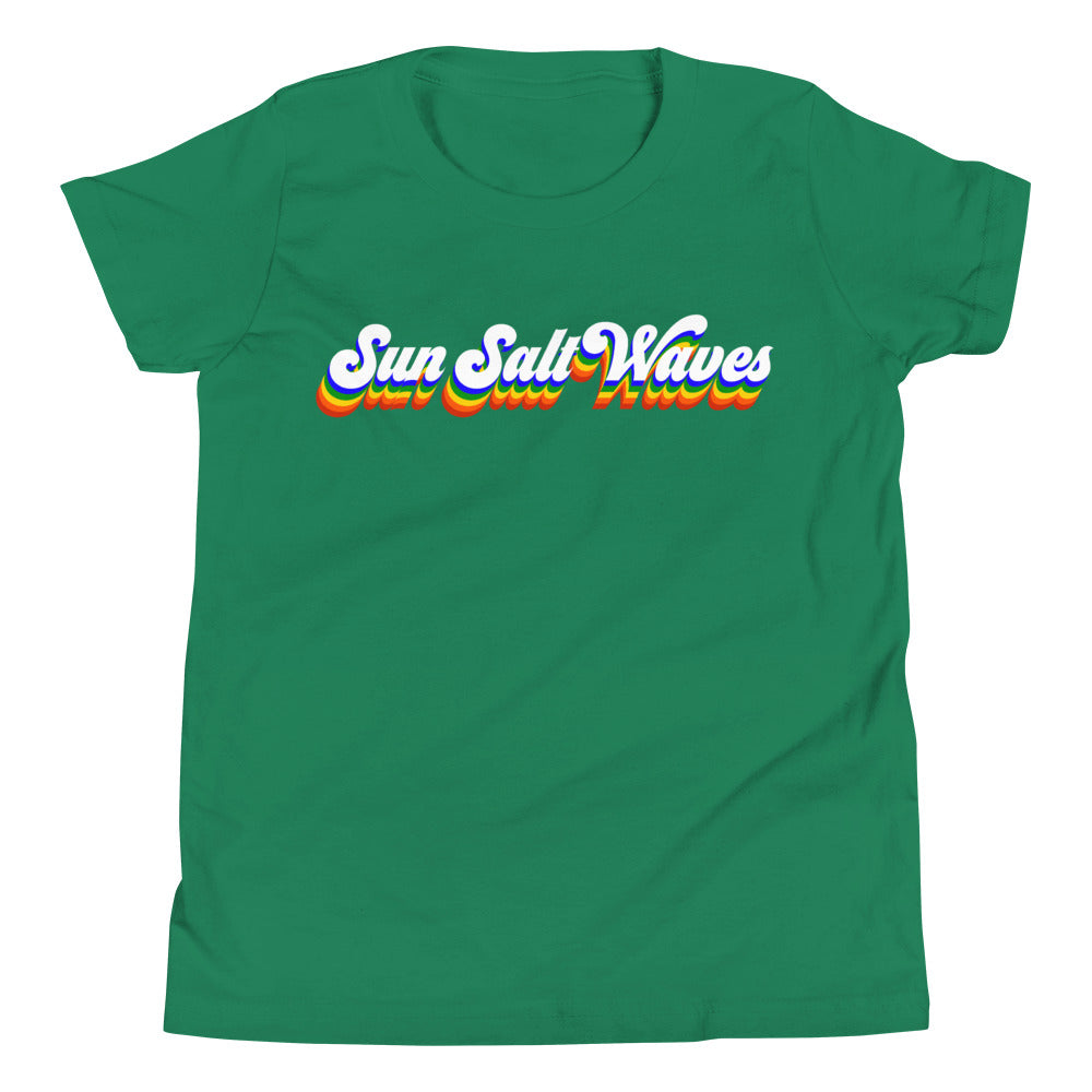 Vintage Vibes Youth Tee from Sun Salt Waves hand designed, colorful Sun Salt Waves design, reminiscent of vintage California Kelly Green 