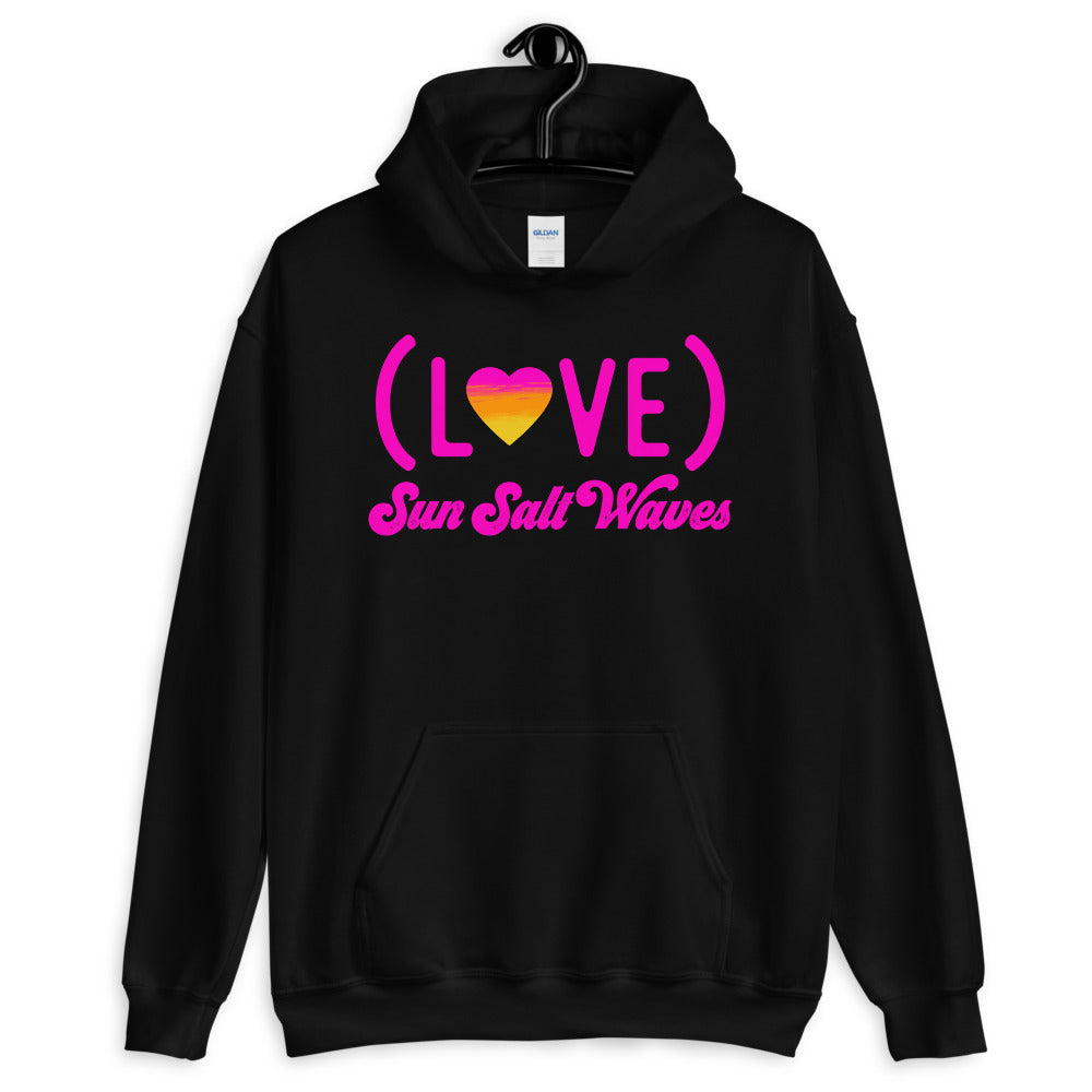 Sun Salt Waves Love White Hoodie Unisex Men’s Women’s Graphic Love Life With Heart in Sunset Colors Black