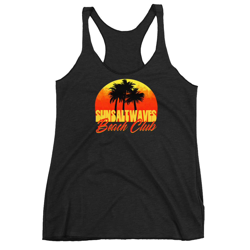 Beach Club Racerback Tank Sun Salt Waves Sunset and Palm Silhouettes Junior Women Black Athleisure