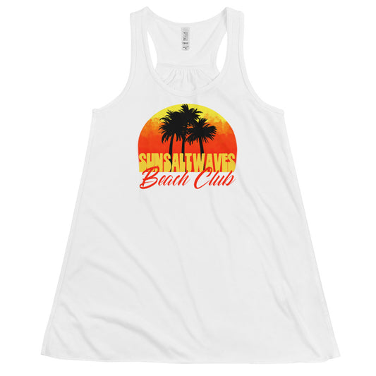Beach Club Flowy Racerback Tank Sunset Palms Graphic Tank Women’s Junior’s Sun Salt Waves White Athleisure