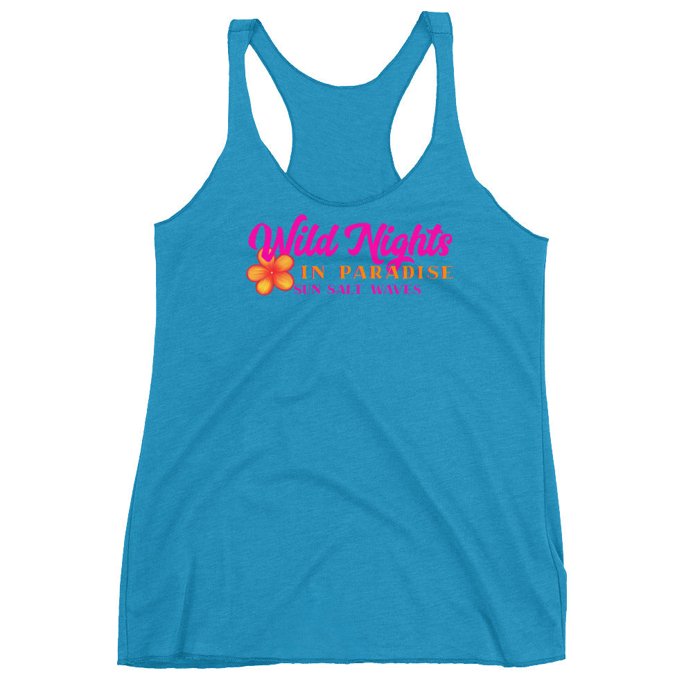Wild Nights in Paradise Racerback Tank from Sun Salt Waves Colorful Plumeria and Typography Turquoise