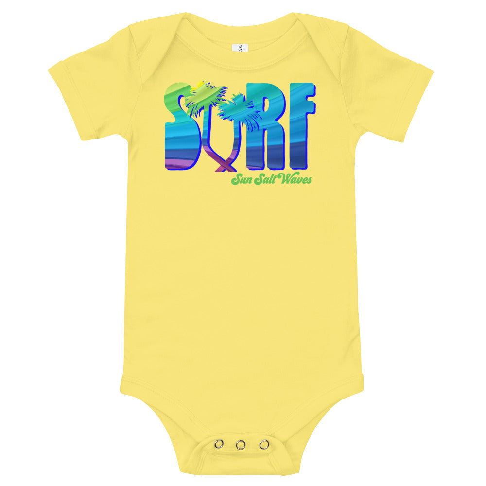 Surf Life Onesie Sun Salt Waves Colorful Typography Palm Tree Yellow