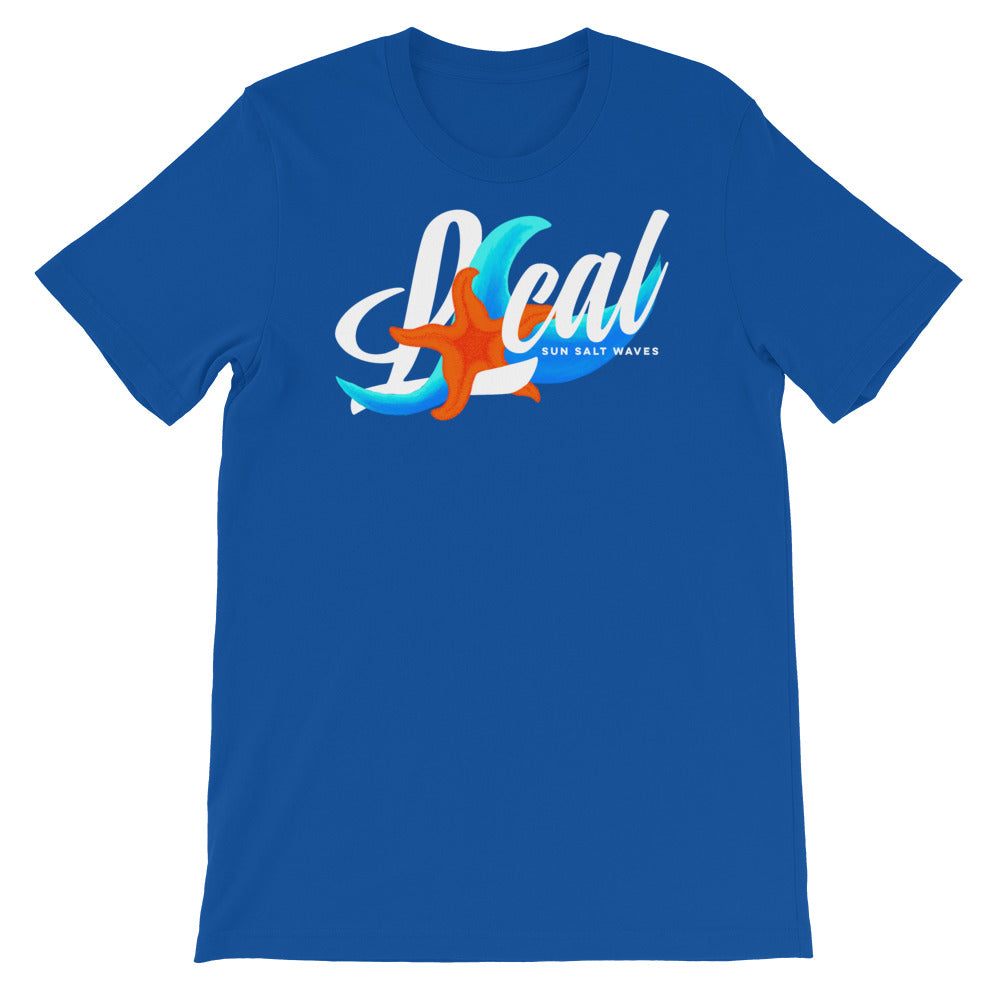 Sea Life ‘Local’ Raw Neck Tee Unisex Graphic Tee Wave Starfish and Local Sun Salt Waves Men’s Women’s Royal Blue