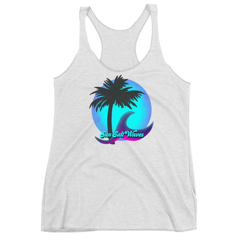 Night Moon Racerback Tank Palm Silhouette and Wave Women Junior White