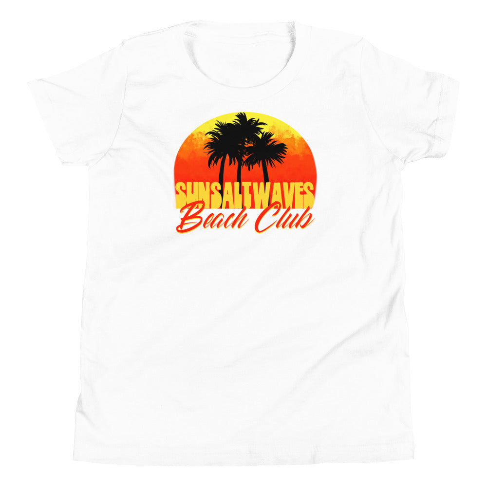 Beach Club Youth Tee Sun Salt Waves Sunset Sky Palms Silhouettes White Girls Boys Unisex