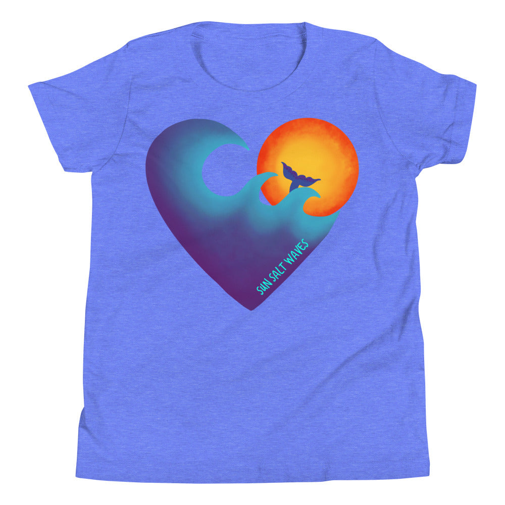 Chase the Sun Youth Tee from Sun Salt Waves hand designed, heart shaped wave, sun and mermaid Blue