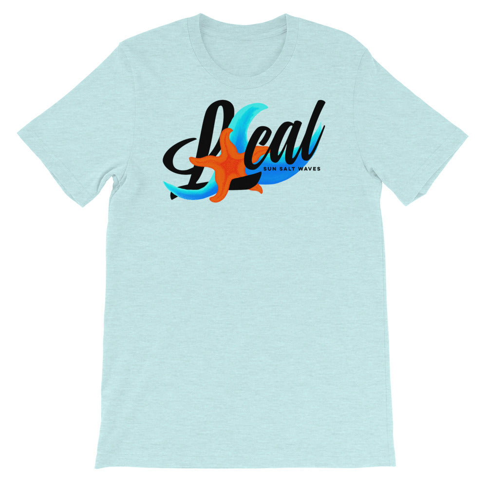 Sea Life ‘Local’ Raw Neck Tee Unisex Graphic Tee Wave Starfish and Local Sun Salt Waves Men’s Women’s Unisex Light Ice Blue