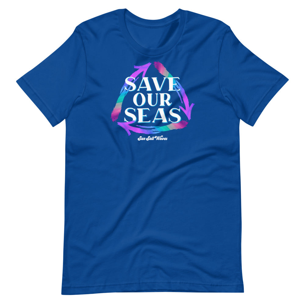 Save our Seas Tee from Sun Salt Waves Colorful Recycle Arrows True Royal