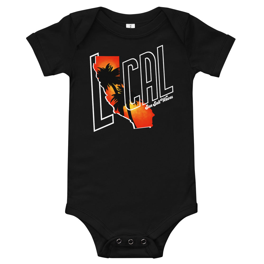 Cali ‘Local’ Onesie from Sun Salt Waves Cali Shaped Sunset Silhouette with Palms Silhouettes Black Baby Infants Girls Boys Unisex
