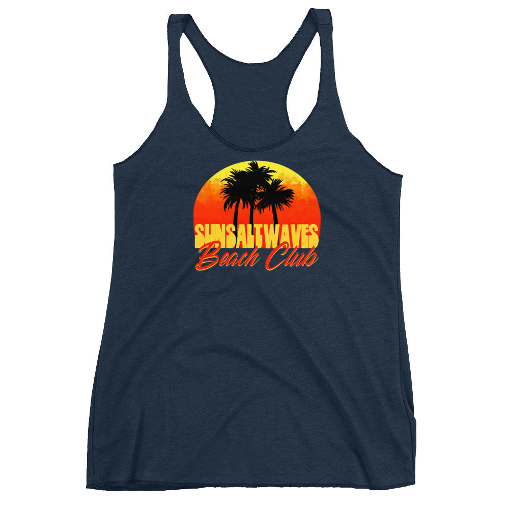 Beach Club Racerback Tank Sun Salt Waves Sunset and Palm Silhouettes Junior Women Navy Athleisure