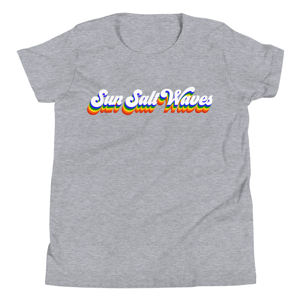 Vintage Vibes Youth Tee from Sun Salt Waves hand designed, colorful Sun Salt Waves design, reminiscent of vintage California Heather Gray 