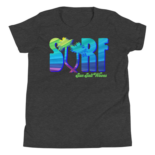Surf Life Youth Tee Sun Salt Waves Colorful Typography Palm Tree Heather Charcoal