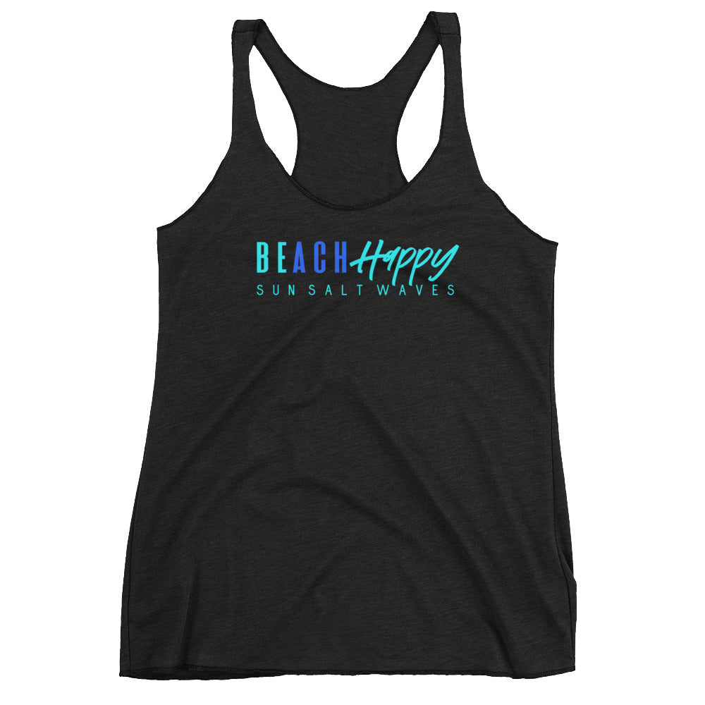 Be Happy Racerback Tank Beach Happy Sun Salt Waves Women Junior Athleisure Black