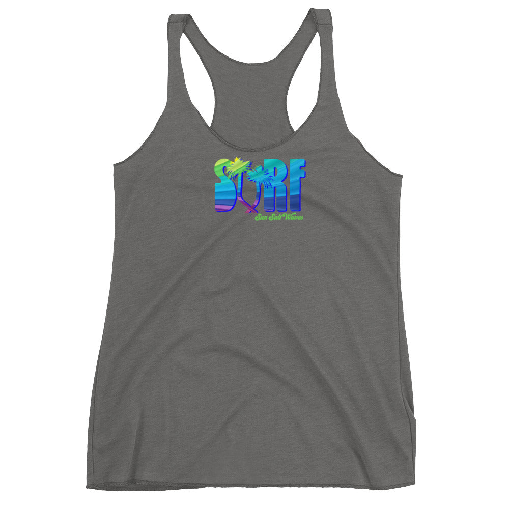 Surf Life Racerback Tank from Sun Salt Waves Colorful Typography and Palm Silhouettes Heather Athletic Gray