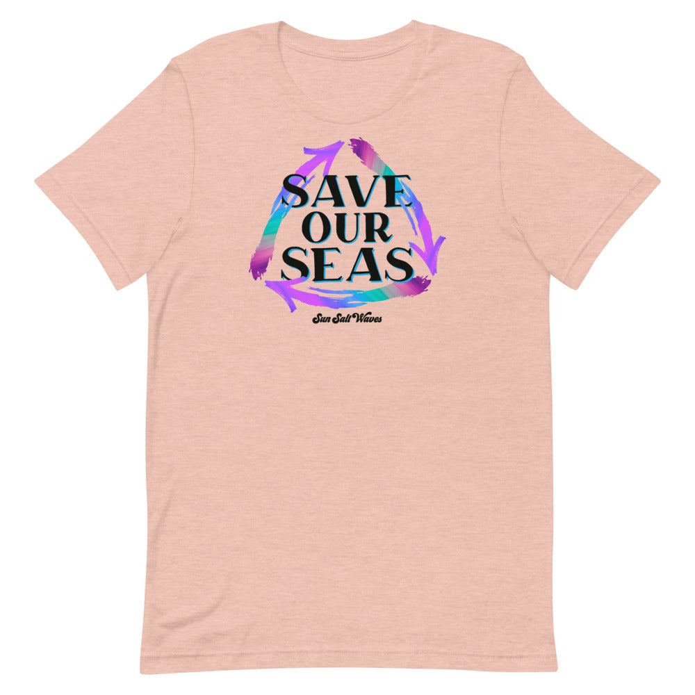 Save our Seas Tee from Sun Salt Waves Colorful Recycle Arrows Heather Prism Peach